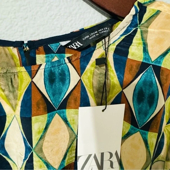 Zara Multicolored Round Neck Bohemian Printed Open Back Tied Top Sz M - Picture 14 of 15
